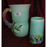 Clarice Ciff green jug with floral handle and small vase by Wilkinson Ltd. England.