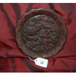 7" Chinese Red Cinnabar charger depicting a village scene circa 1900.