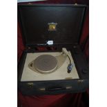 Art Deco HMV portable electric record player with an unusual head cartridge marked 34 & 35.