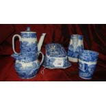 Old Copeland Spode blue & white Italian scenes mask jug, cheese dish, tea & coffee pots & 6 plates,