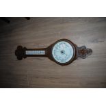 Carved Oak Victorian Aneroid Wall Barometer & Thermometer