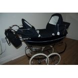 Vintage "Silvercross" Twin Dolls Pram with Blue Cloth & Coachworks,