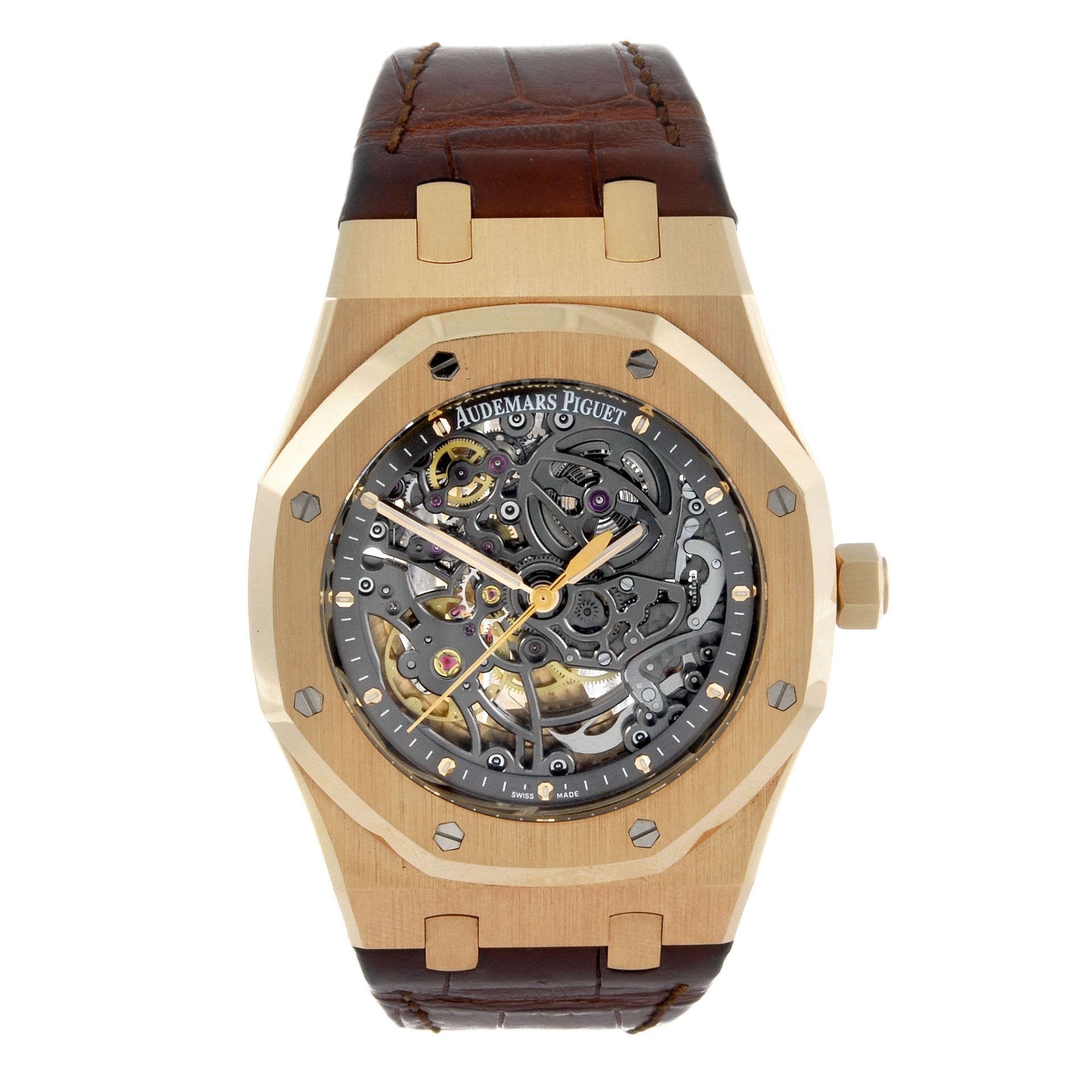 CURRENT MODEL: AUDEMARS PIGUET - a gentleman's Royal Oak Openworked wrist watch. 18ct rose gold case