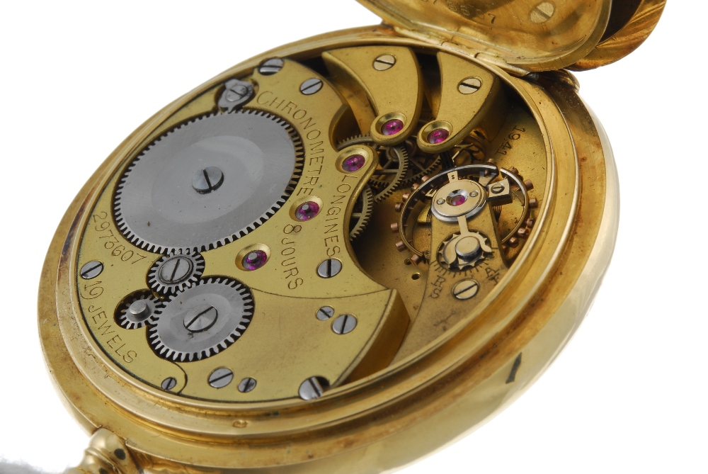 An open face eight day chronometer pocket watch by Longines. Yellow metal case, stamped 18k with - Image 4 of 4