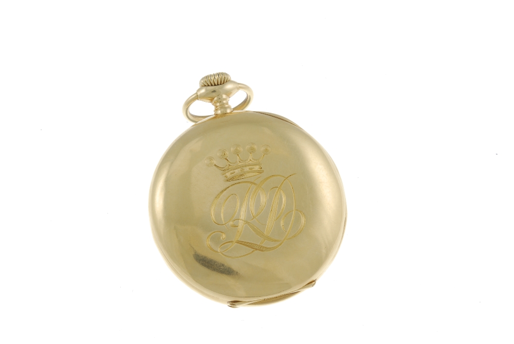 An open face eight day chronometer pocket watch by Longines. Yellow metal case, stamped 18k with - Image 2 of 4