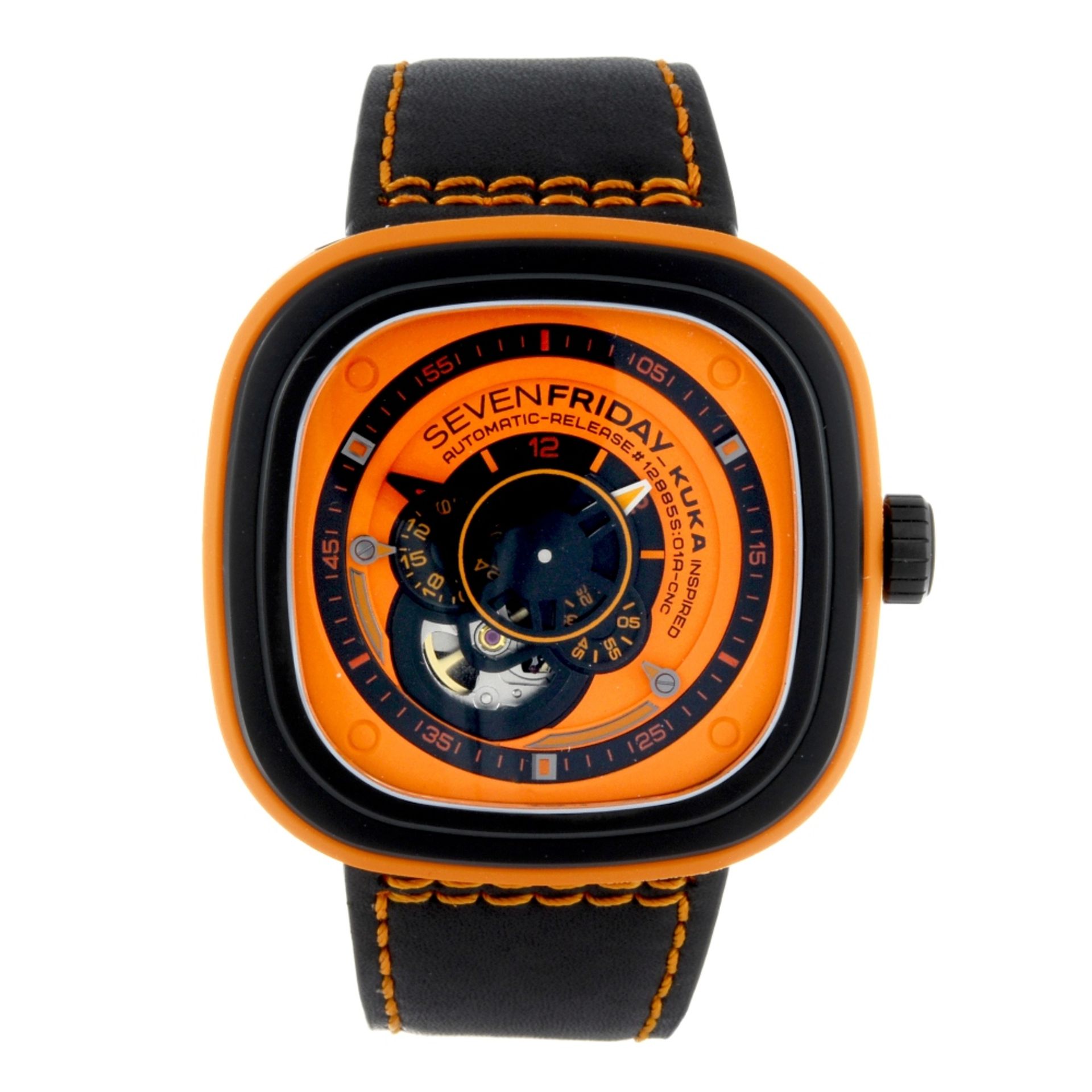 SEVENFRIDAY - a gentleman's wrist watch. PVD coated stainless steel and orange rubber case. Numbered