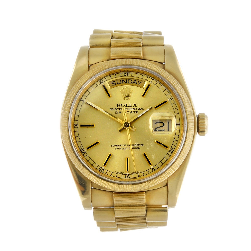 ROLEX - a gentleman's Oyster Perpetual Day-Date bracelet watch. Circa 1982. 18ct yellow gold case