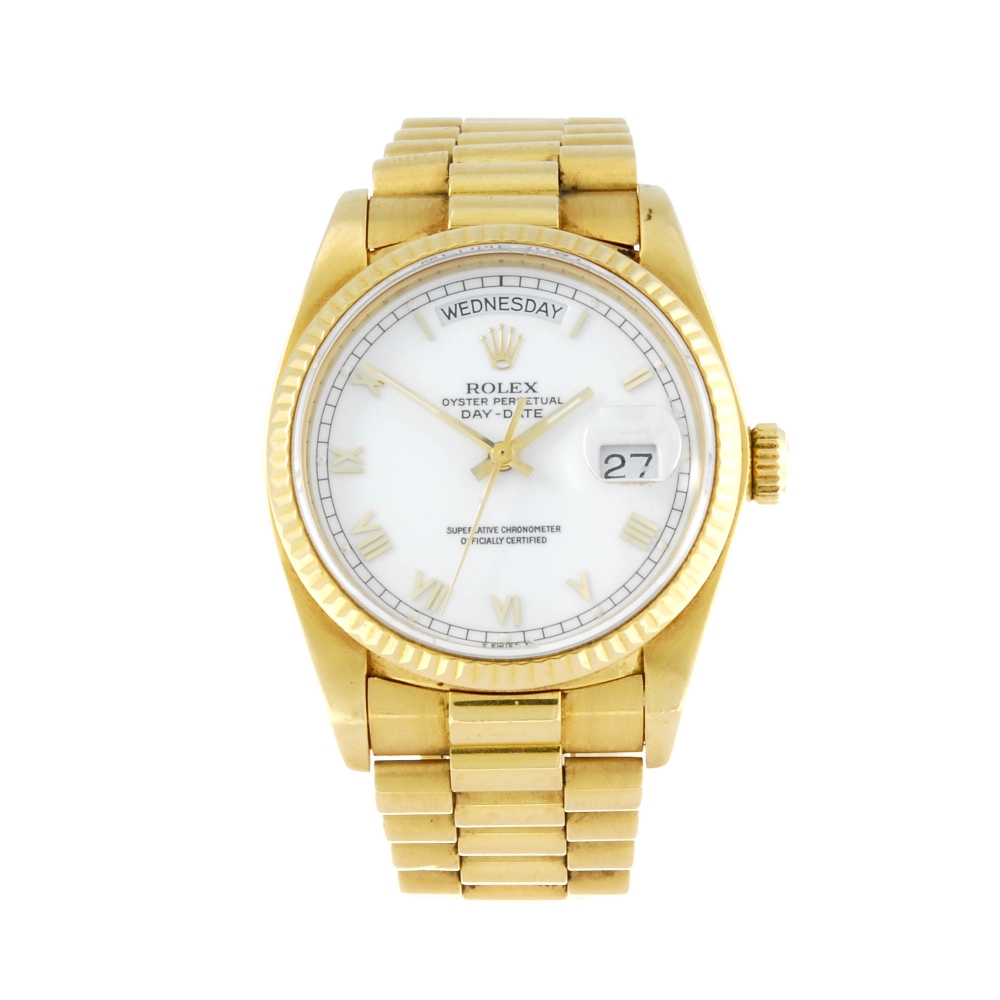 ROLEX - a gentleman's Oyster Perpetual Day-Date bracelet watch. Circa 1984. 18ct yellow gold case