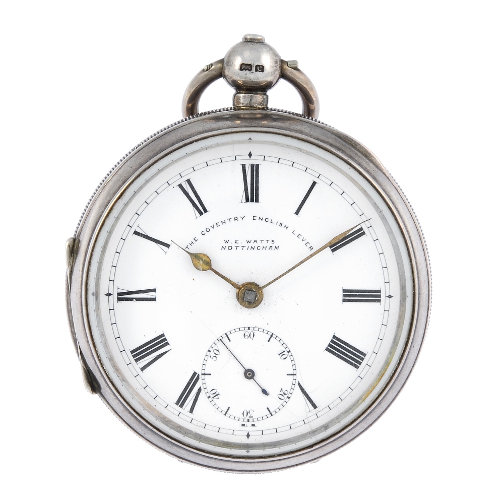 An open face pocket watch by W.E Watts. Silver case with engraved cartouche and engraved inner