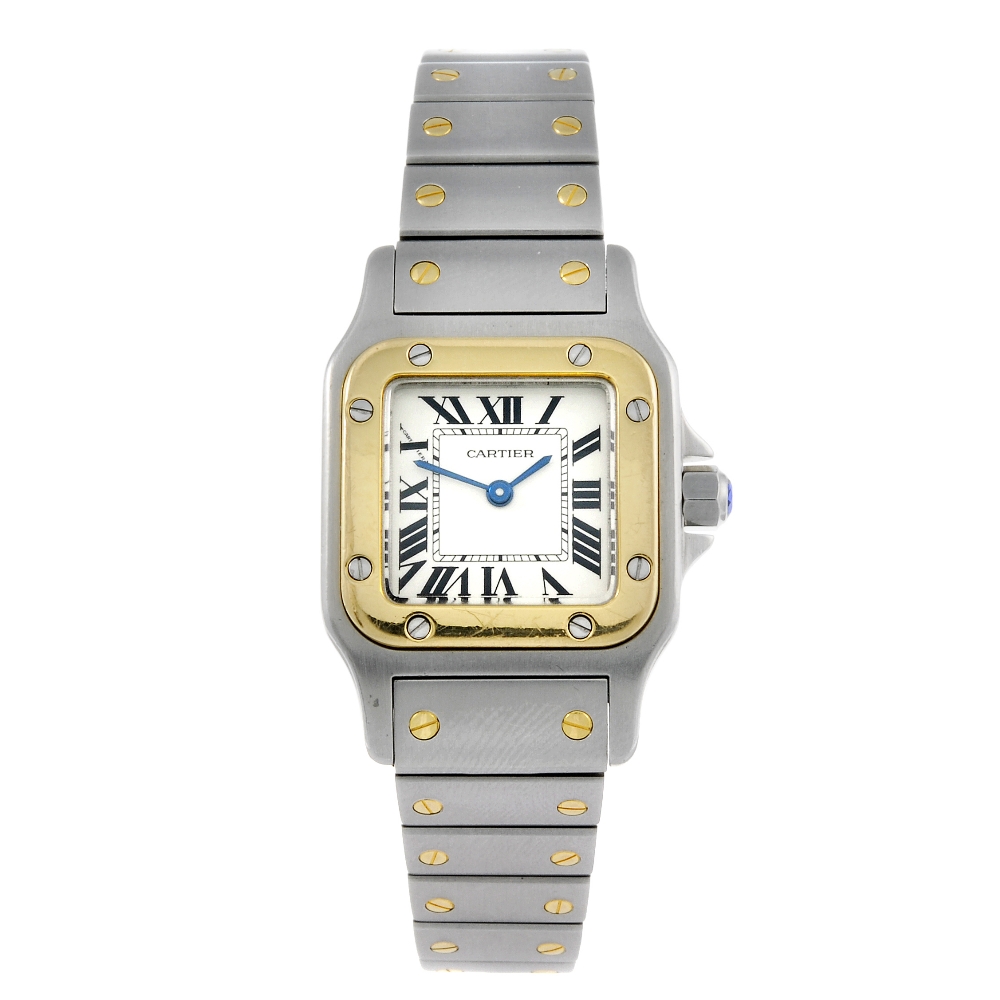 CARTIER - a Santos bracelet watch. Stainless steel case with yellow metal bezel. Reference 35990,