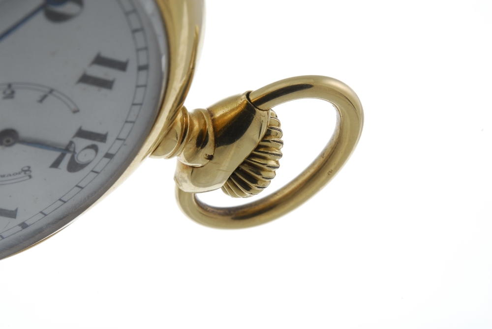 An open face eight day chronometer pocket watch by Longines. Yellow metal case, stamped 18k with - Image 3 of 4