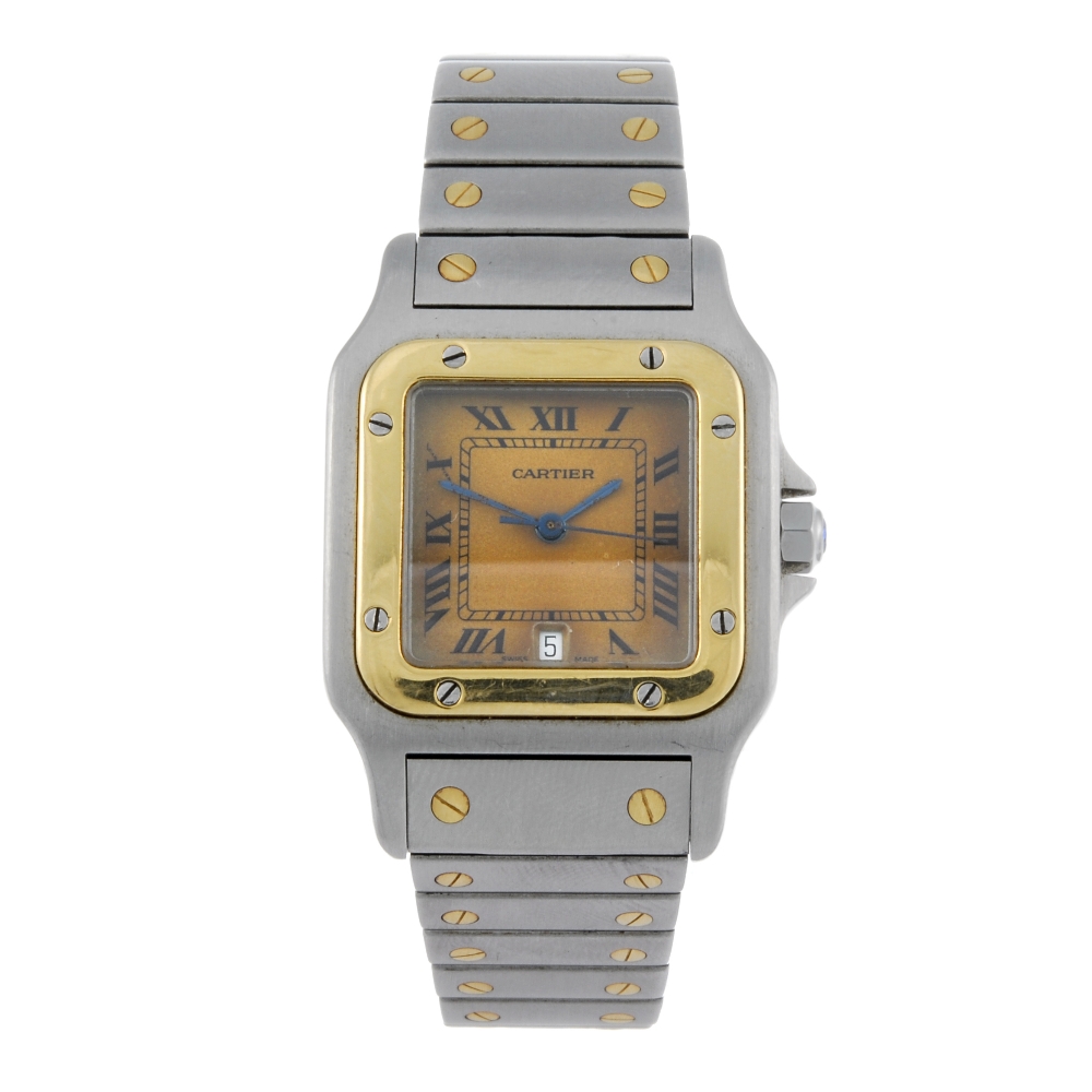 CARTIER - a Santos bracelet watch. Stainless steel case with yellow metal bezel. Reference 187901,