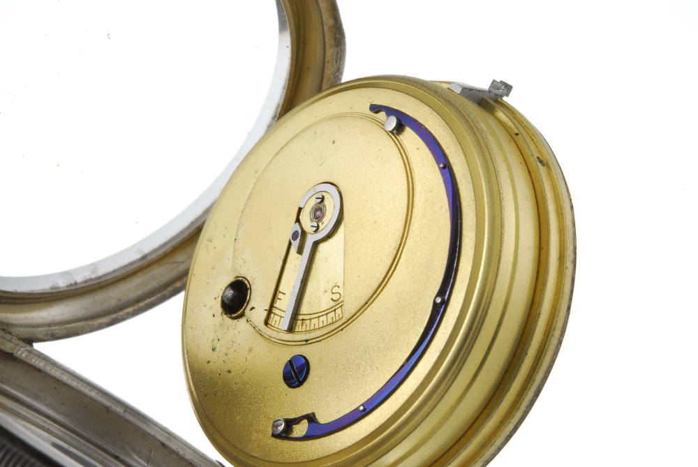 An open face pocket watch by W.E Watts. Silver case with engraved cartouche and engraved inner - Image 4 of 4