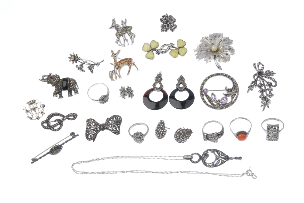 Twenty-three items of marcasite jewellery. To include a brooch designed as a floral spray set with - Image 3 of 3