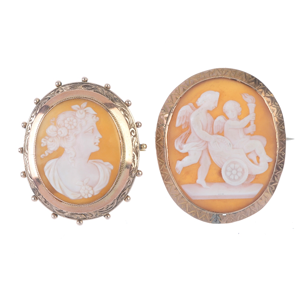 Two shell cameo brooches. To include a cameo depicting a bacchante within a scrolling and bead