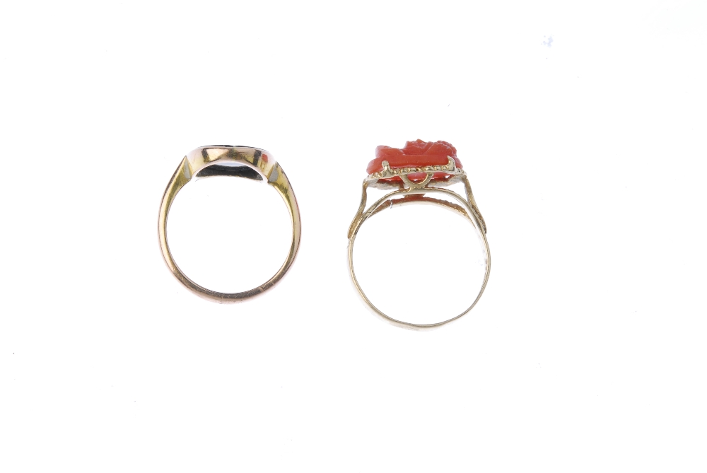 Two gem-set rings. The first a dyed coral cameo, carved to depict the portrait of a man, the - Image 3 of 3