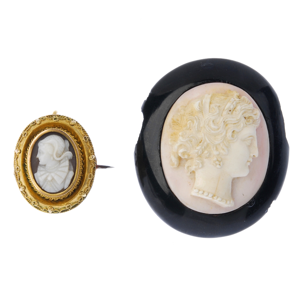 Two cameo brooches. The first designed as a profile of a lady, possibly Mary Queen of Scots, to