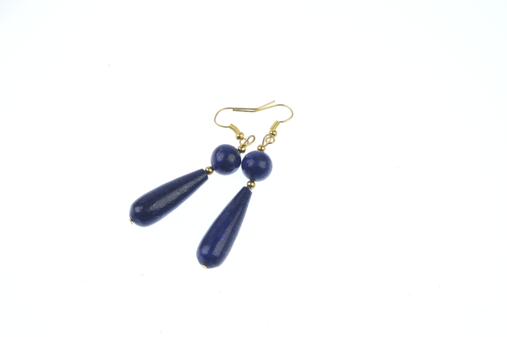 A treated lapis lazuli necklace and ear pendants. The necklace designed as a series of spherical - Image 3 of 3