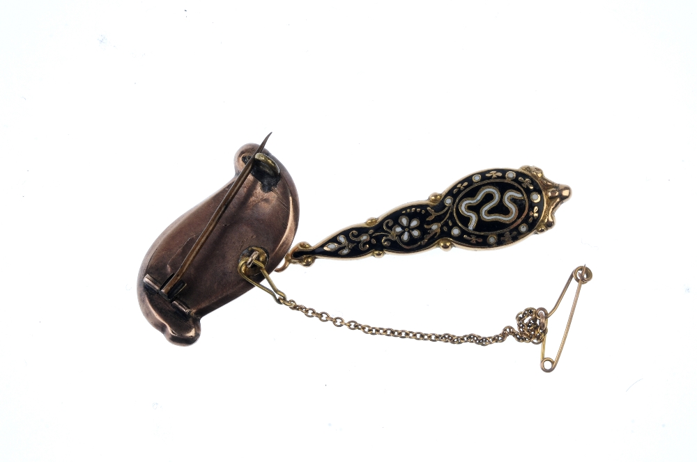 Two items of mid 19th century jewellery. The first of pear-drop shape and decorated in black and - Image 2 of 2