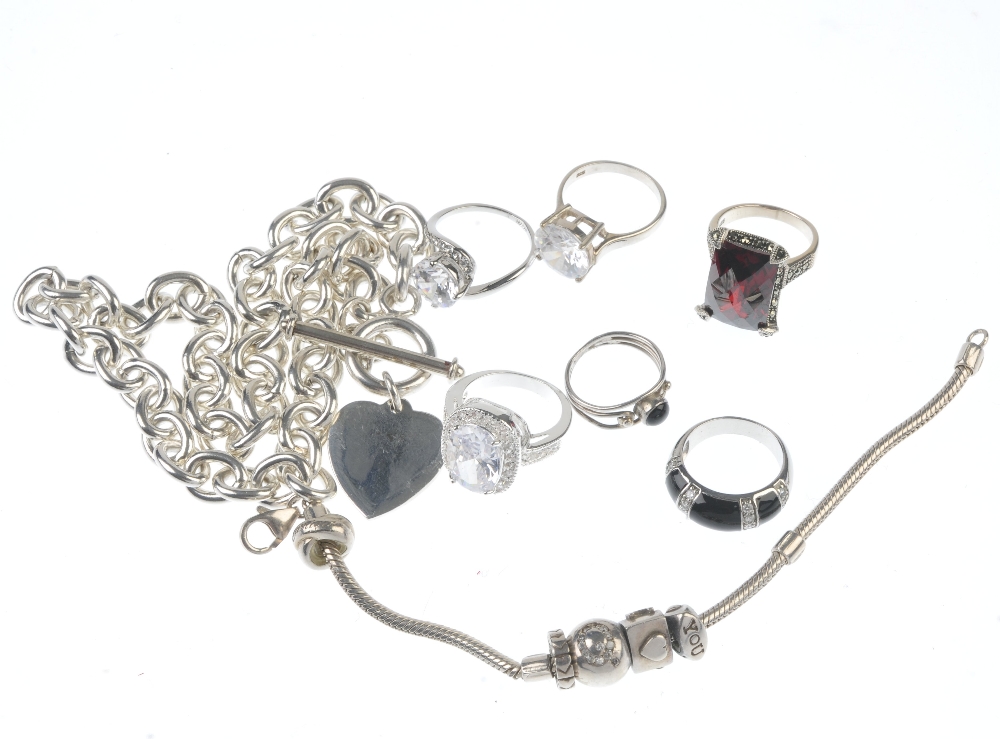 A selection of silver and white metal jewellery. To include a ring, the faceted rectangular red - Image 2 of 2