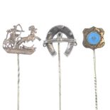 A selection of silver and metal stickpins. To include four late 19th century horse-shoe stickpins, a