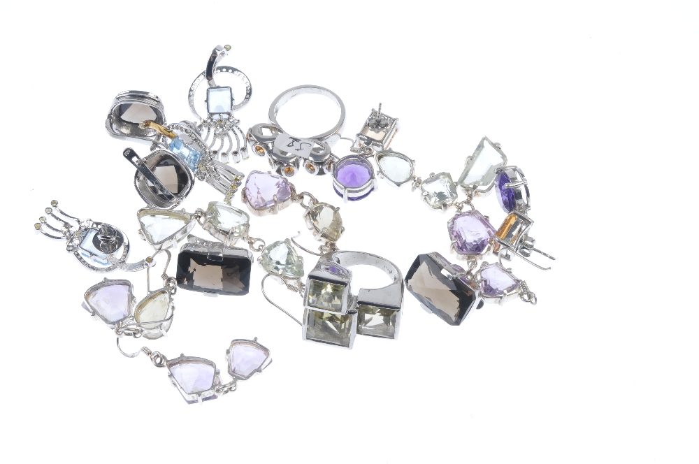A selection of gem-set silver and white metal jewellery. To include a three stone citrine ring, - Image 2 of 2