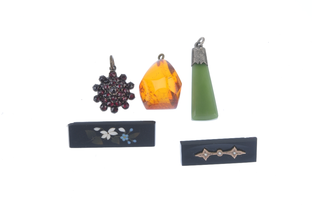 A selection of gem jewellery. To include a pietra dura brooch, the rectangular black hardstone - Image 2 of 3