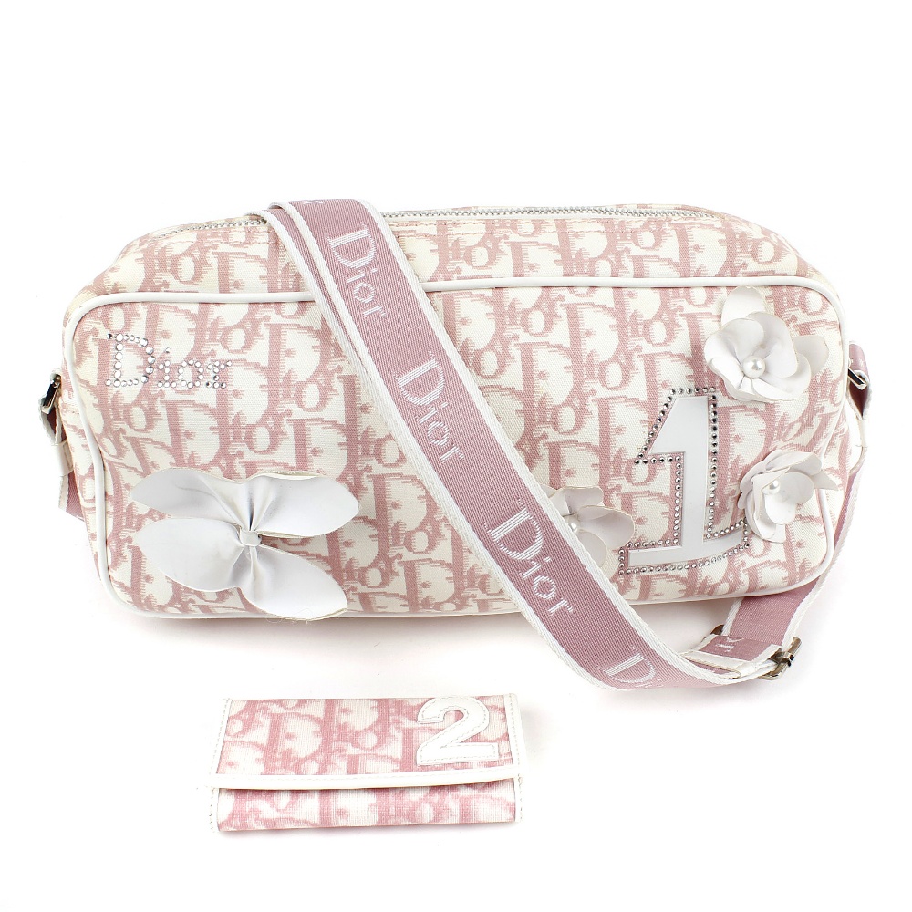 CHRISTIAN DIOR - a Diorissimo Girly Bag and key purse. The pink and white Diorissimo canvas bag,