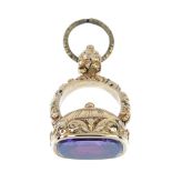 A Victorian paste fob. The rectangular purple paste with curved corners, set to a pedestal with