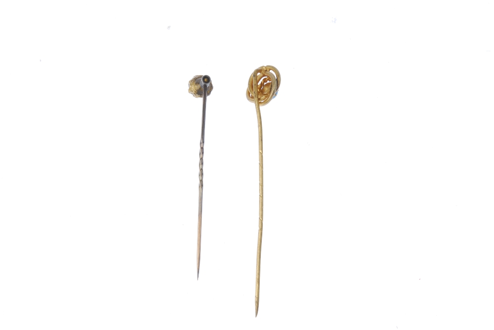 Two stickpins. The first a turquoise cabochon to the rope-twist surround and a colourless paste - Image 2 of 2
