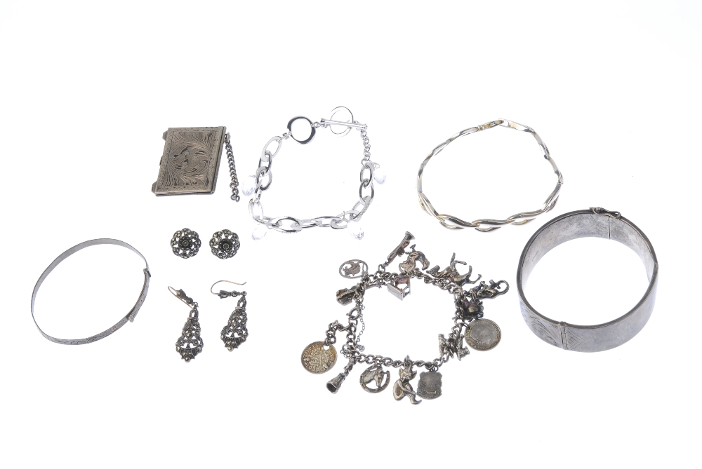 A selection of silver and white metal jewellery. To include a charm bracelet suspending fourteen - Image 2 of 2