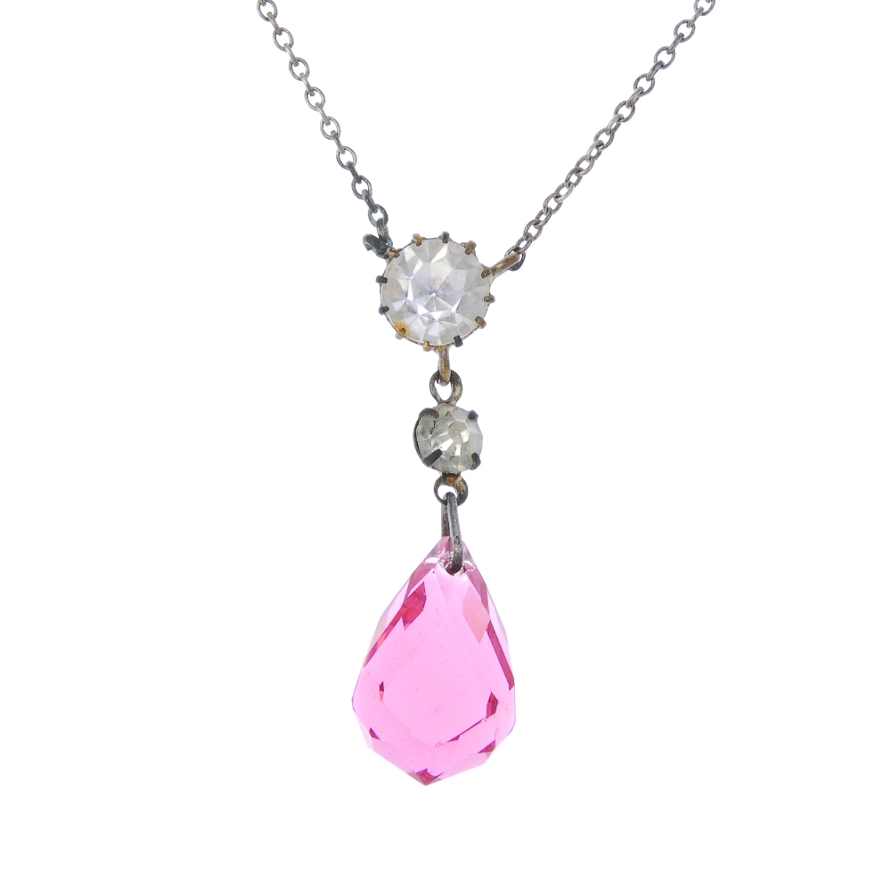 A selection of jewellery. To include a necklace, the briolette pink paste suspended from a belcher-