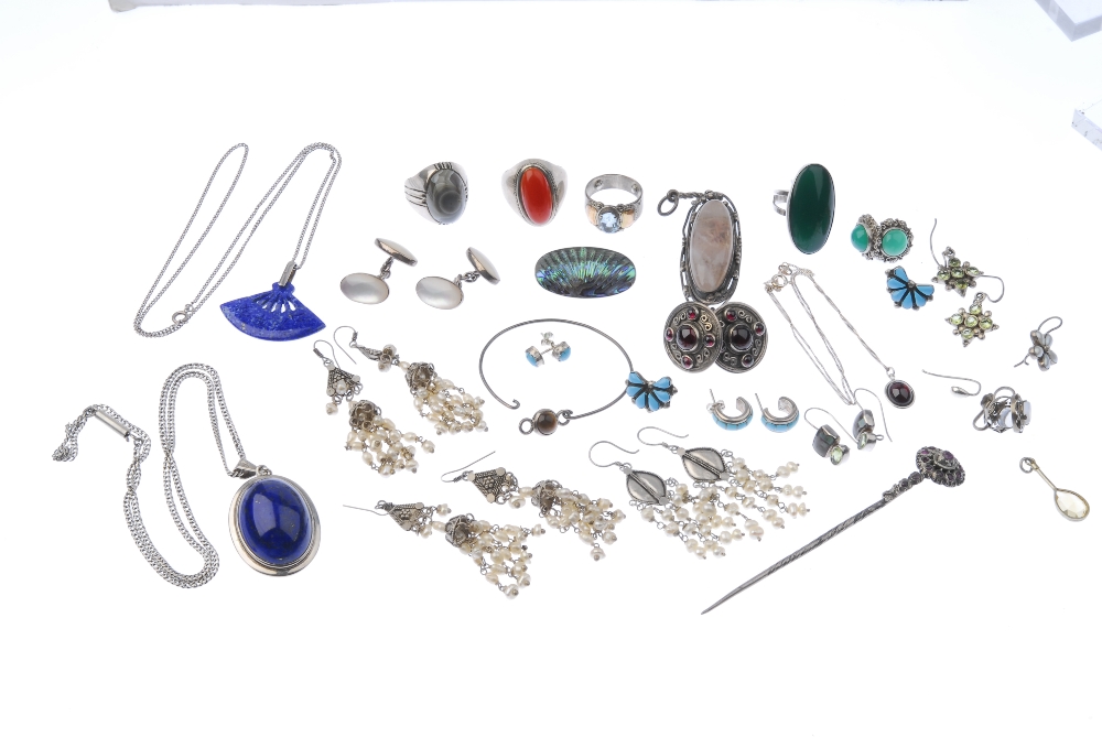 A selection of silver and white metal gem-set jewellery. To include eleven pairs of earrings, four - Image 2 of 2