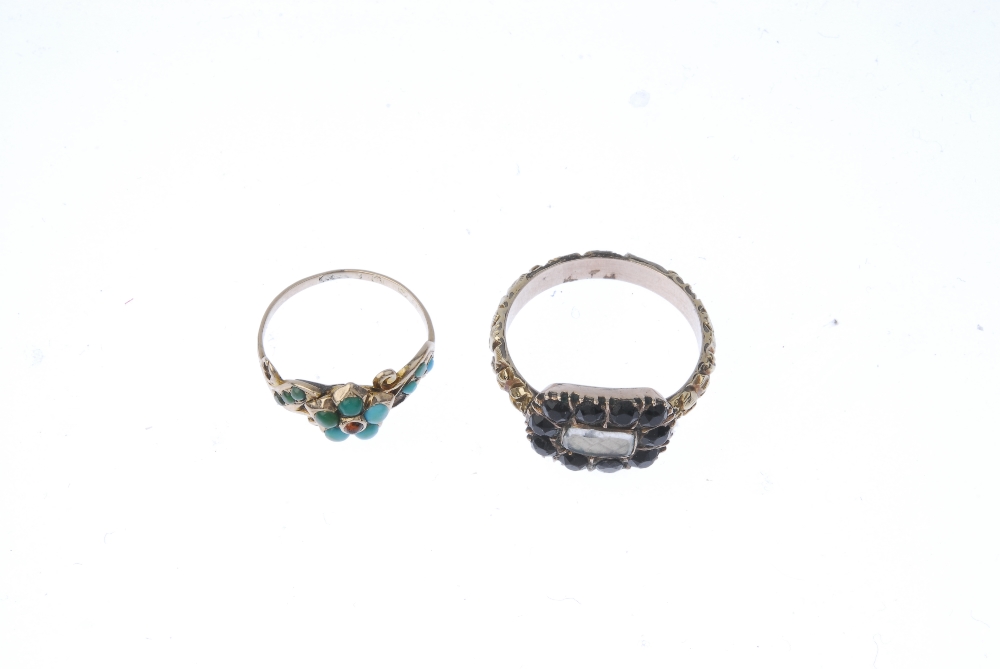 Two mid to late Victorian gold gem-set memorial rings. To include a 9ct gold turquoise and brown gem - Image 2 of 3