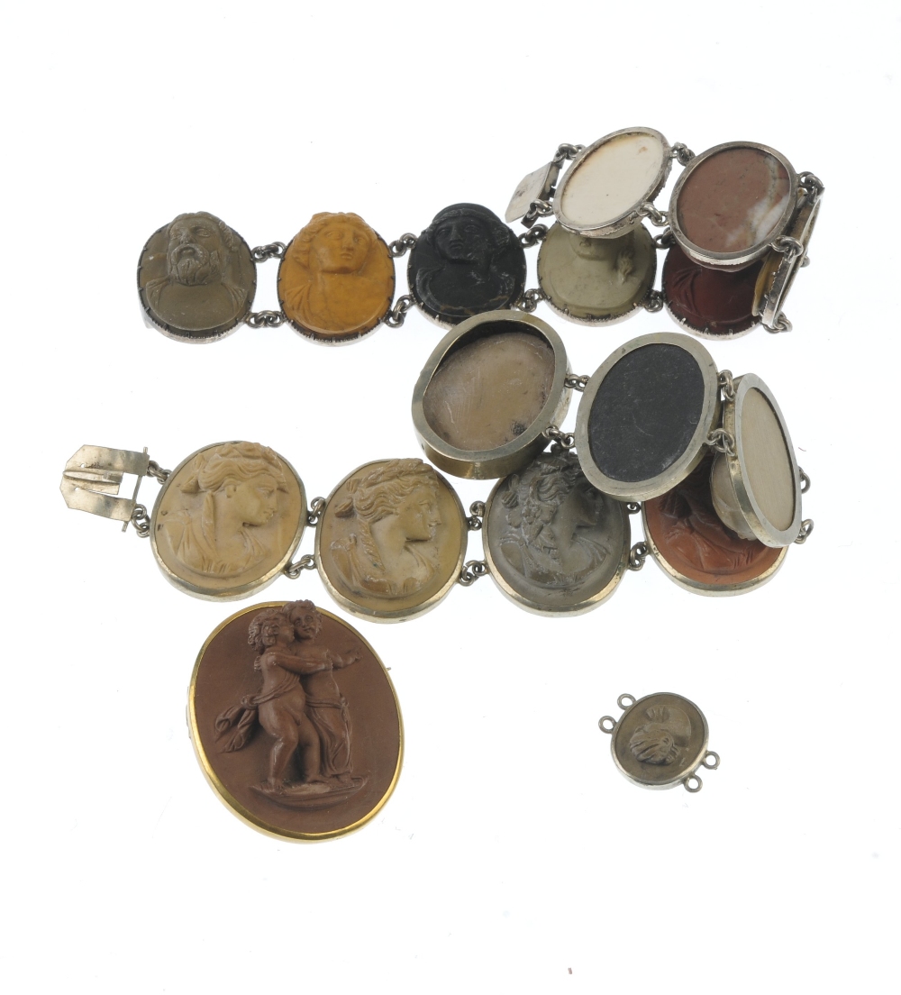 A selection of lava cameo jewellery. To include two bracelets each comprising oval panels - Image 2 of 2