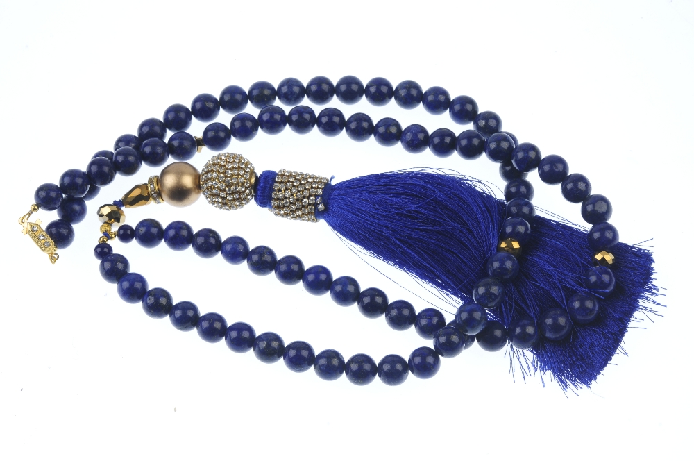 A treated lapis lazuli necklace and ear pendants. The necklace designed as a series of spherical - Image 2 of 3