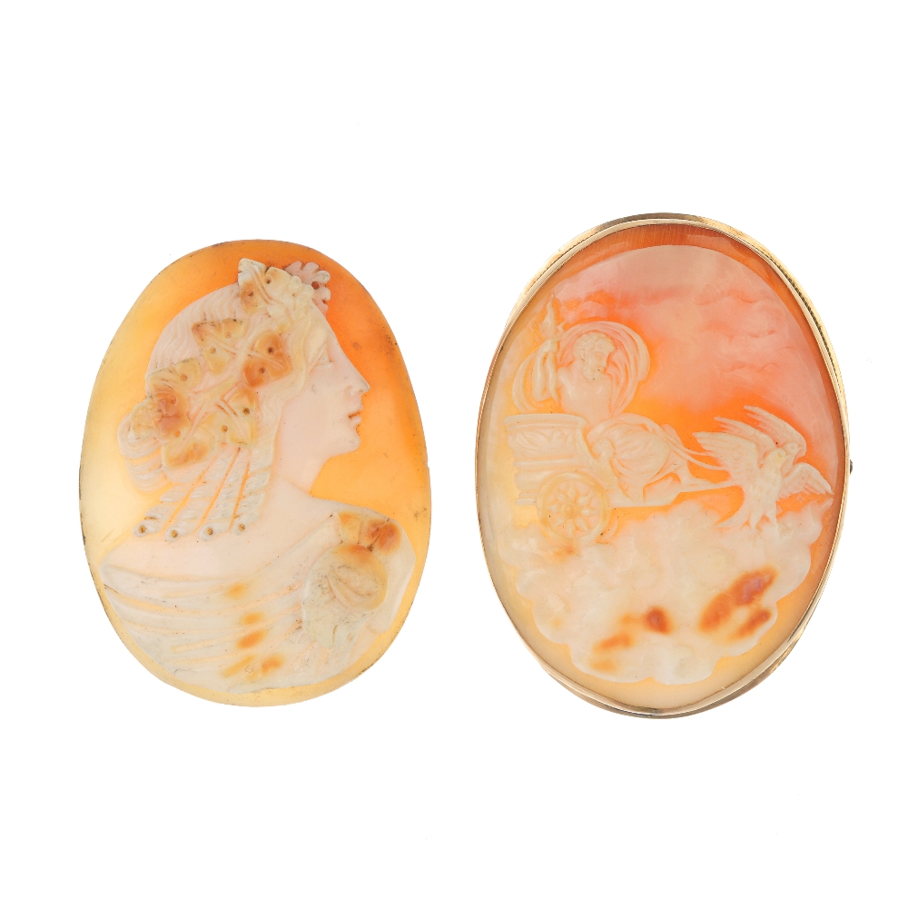 A selection of cameo jewellery. To include an oval brooch, the shell carving depicting a man