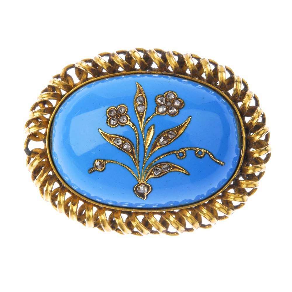 A single-cut diamond and enamel brooch. The oval-shape brooch with blue enamel central panel set