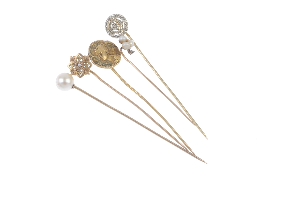 A selection of stickpins. To include one with a single cultured pearl set to the top, another with a - Image 2 of 2
