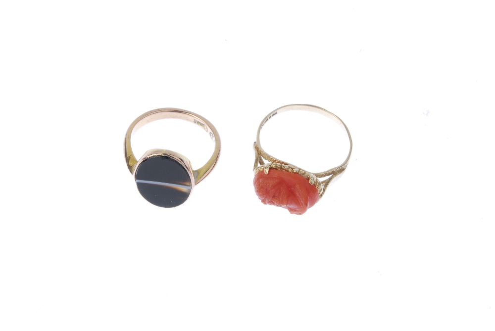 Two gem-set rings. The first a dyed coral cameo, carved to depict the portrait of a man, the - Image 2 of 3