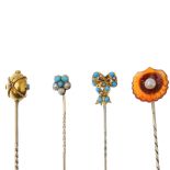 A selection of four late 19th to early 20th century gold gem-set stickpins. To include a pearl and