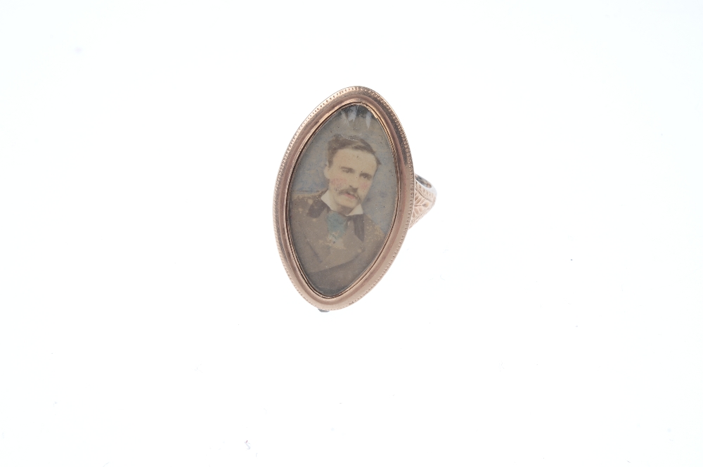 A late Georgian gold memorial ring with later added miniature portrait. Of marquise-shape outline, - Image 2 of 3