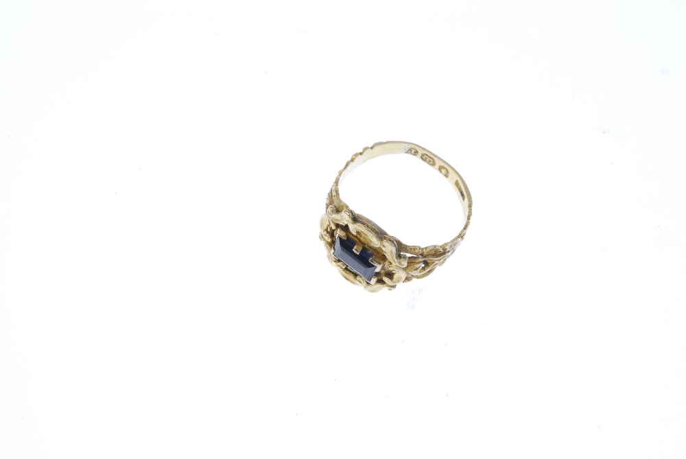 A late Georgian 18ct gold composite ring. The rectangular blue stone to the acanthus surround and - Image 2 of 3