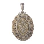 A late Victorian silver locket and collar. The oval-shape locket, with engraved and applied floral