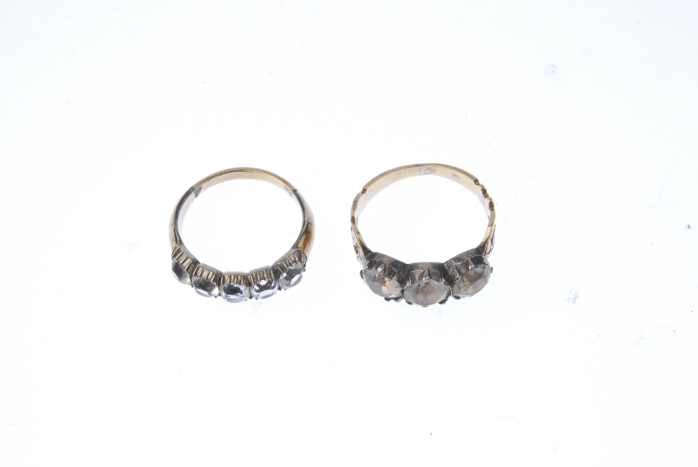 Two early 20th century gold and silver paste rings. To include a circular-shape foil-back colourless - Image 2 of 3