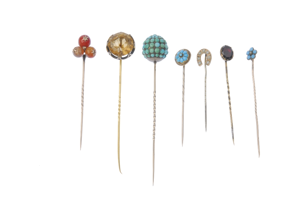 A selection of gem-set stickpins. To include a late 19th century carnelian sphere trefoil - Image 2 of 2