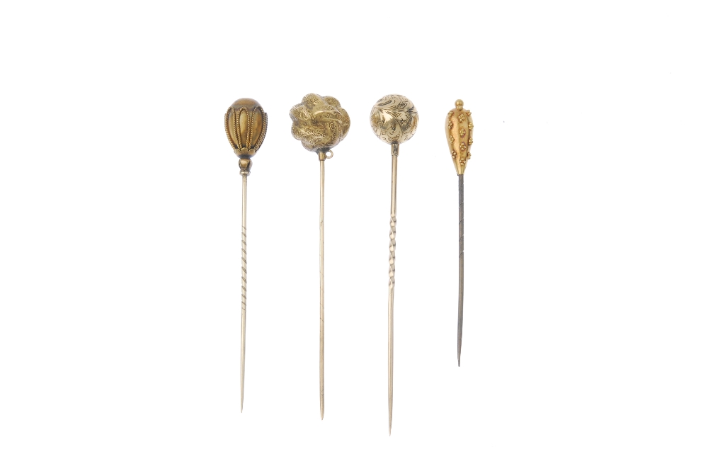 A selection of four mid to late 19th century stickpins. To include a scroll engraved stylised knot - Image 2 of 2