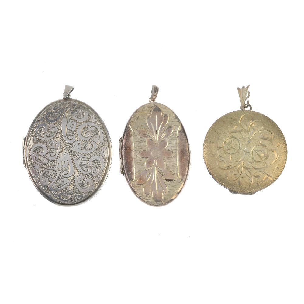 A selection of silver and white metal lockets. To include one designed as a pig's face, others of