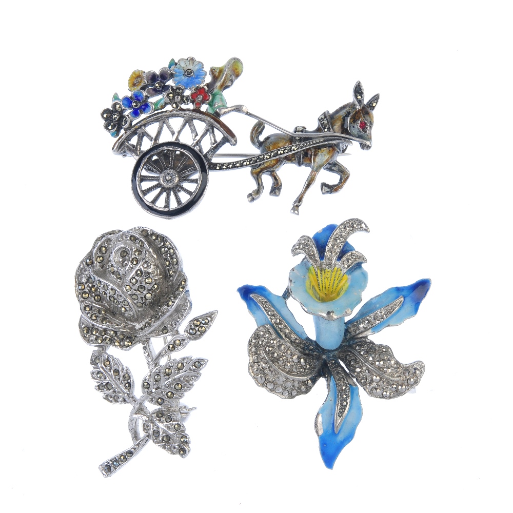 A selection of marcasite jewellery. To include a pendant designed as an openwork marcasite drop,