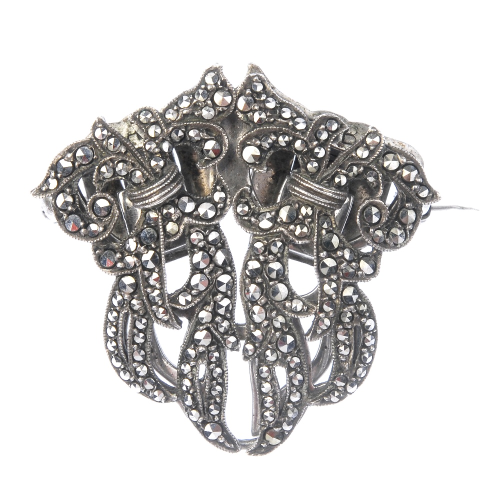 Twenty-three items of marcasite jewellery. To include a double clip, together with a brooch in the